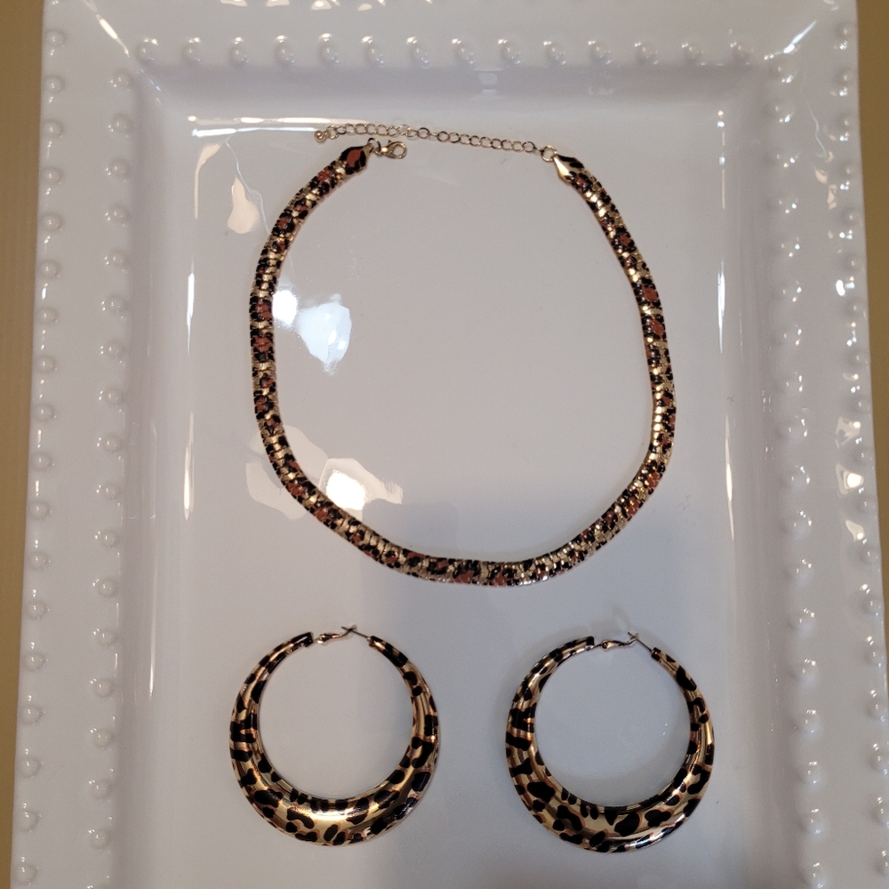 Leopard Print Necklace and Hoop Earrings Bundle. New.